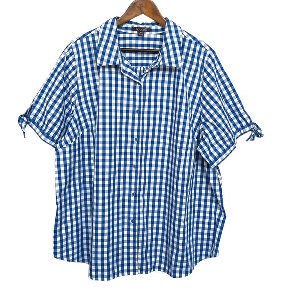 Roaman's Button Up Top Women Size 26W Blue Gingham Plaid Short‎ Sleeve Collared - Picture 1 of 10